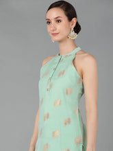 Women Green Poly Chanderi Woven Design Kurta Trousers